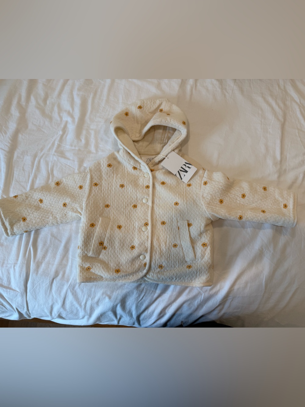 Zara Cream Hooded Jacket with Yellow Daisy Details Size 2-3